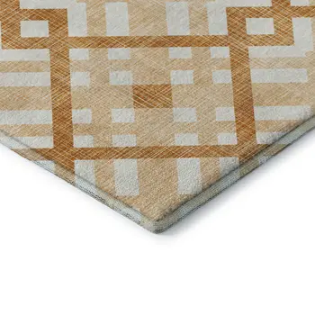 8' Peach And Ivory Geometric Washable Round Rug With UV Protection