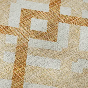8' Peach And Ivory Geometric Washable Round Rug With UV Protection