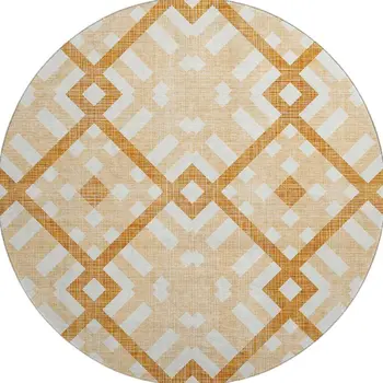 8' Peach And Ivory Geometric Washable Round Rug With UV Protection