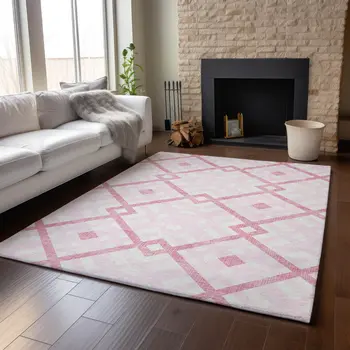 5' X 8' Pink And Ivory Geometric Washable Area Rug With UV Protection