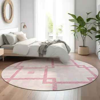 8' Pink And Ivory Geometric Washable Round Rug With UV Protection