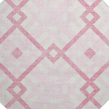8' Pink And Ivory Geometric Washable Round Rug With UV Protection
