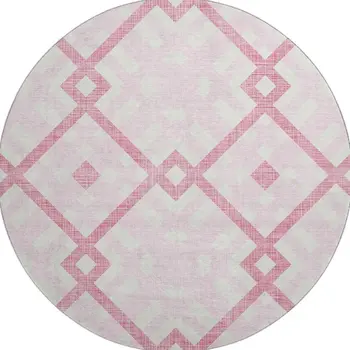 8' Pink And Ivory Geometric Washable Round Rug With UV Protection