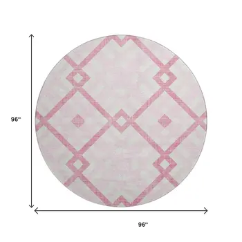 8' Pink And Ivory Geometric Washable Round Rug With UV Protection