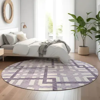 8' Purple And Ivory Geometric Washable Round Rug With UV Protection