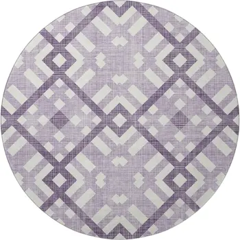 8' Purple And Ivory Geometric Washable Round Rug With UV Protection