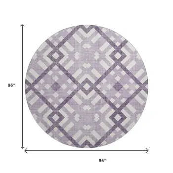 8' Purple And Ivory Geometric Washable Round Rug With UV Protection