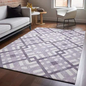 10' X 14' Purple And Ivory Geometric Washable Area Rug With UV Protection