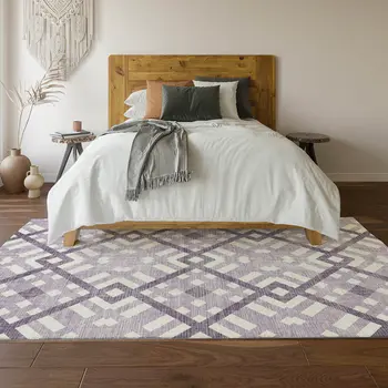 10' X 14' Purple And Ivory Geometric Washable Area Rug With UV Protection
