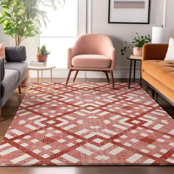 5' X 8' Red And Ivory Geometric Washable Area Rug With UV Protection