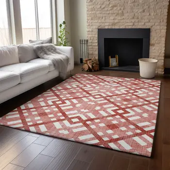 5' X 8' Red And Ivory Geometric Washable Area Rug With UV Protection