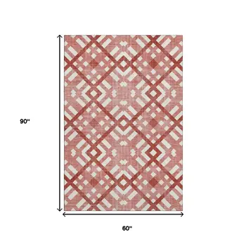 5' X 8' Red And Ivory Geometric Washable Area Rug With UV Protection