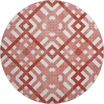 8' Red And Ivory Geometric Washable Round Rug With UV Protection