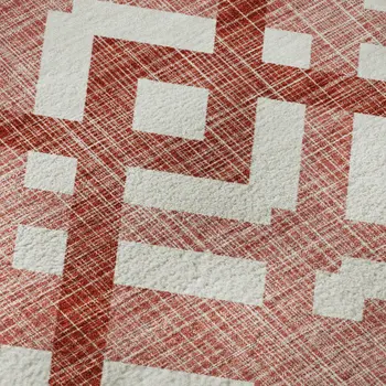 8' Red And Ivory Geometric Washable Round Rug With UV Protection
