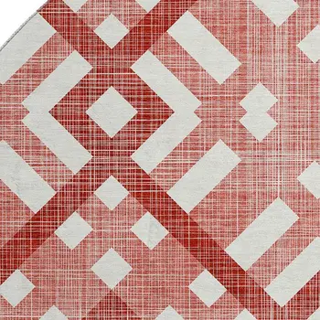 8' Red And Ivory Geometric Washable Round Rug With UV Protection
