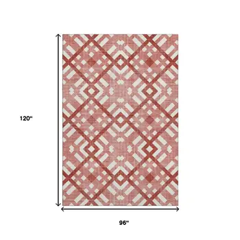 8' X 10' Red And Ivory Geometric Washable Area Rug With UV Protection