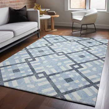 3' X 5' Sky Blue And Ivory Geometric Washable Area Rug With UV Protection