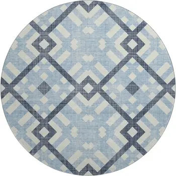 8' Sky Blue And Ivory Geometric Washable Round Rug With UV Protection