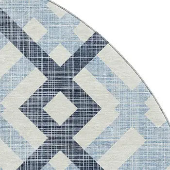 8' Sky Blue And Ivory Geometric Washable Round Rug With UV Protection