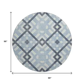 8' Sky Blue And Ivory Geometric Washable Round Rug With UV Protection