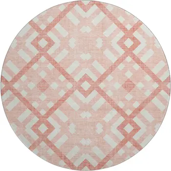 8' Salmon And Ivory Geometric Washable Round Rug With UV Protection