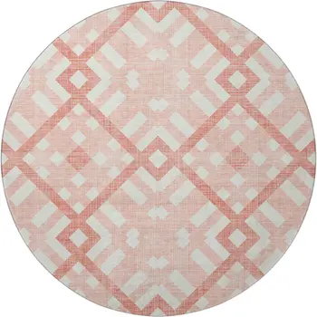 8' Salmon And Ivory Geometric Washable Round Rug With UV Protection