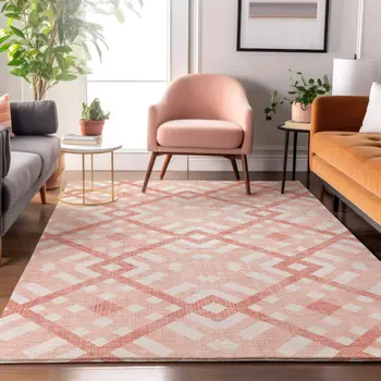 10' X 14' Salmon And Ivory Geometric Washable Area Rug With UV Protection