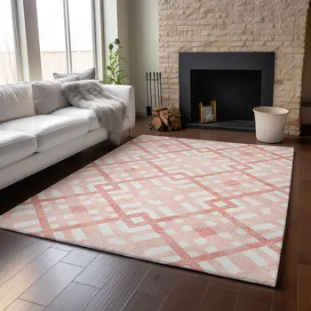 10' X 14' Salmon And Ivory Geometric Washable Area Rug With UV Protection