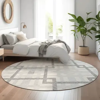 8' Silver And Ivory Geometric Washable Round Rug With UV Protection