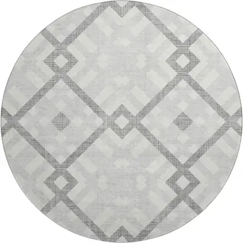 8' Silver And Ivory Geometric Washable Round Rug With UV Protection