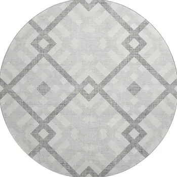 8' Silver And Ivory Geometric Washable Round Rug With UV Protection