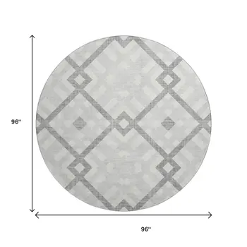 8' Silver And Ivory Geometric Washable Round Rug With UV Protection