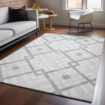 9' X 12' Silver And Ivory Geometric Washable Area Rug With UV Protection