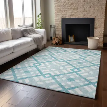 5' X 8' Teal And Ivory Geometric Washable Area Rug With UV Protection