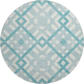 8' Teal And Ivory Geometric Washable Round Rug With UV Protection