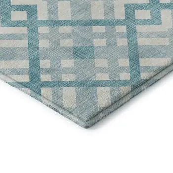 8' Teal And Ivory Geometric Washable Round Rug With UV Protection