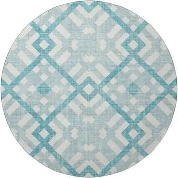 8' Teal And Ivory Geometric Washable Round Rug With UV Protection