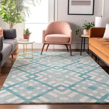 9' X 12' Teal And Ivory Geometric Washable Area Rug With UV Protection