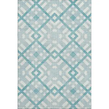 9' X 12' Teal And Ivory Geometric Washable Area Rug With UV Protection