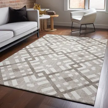 5' X 8' Taupe And Ivory Geometric Washable Area Rug With UV Protection