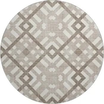 8' Taupe And Ivory Geometric Washable Round Rug With UV Protection