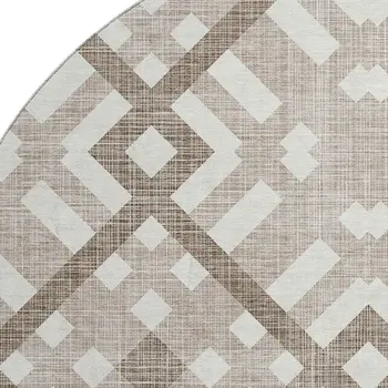 8' Taupe And Ivory Geometric Washable Round Rug With UV Protection