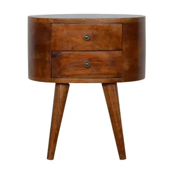 21" Brown Solid Wood Round Two Drawer Nightstand