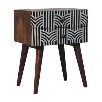 23" Black White And Brown Solid Wood Geometric Bone Inlay Two Drawer Nightstand
