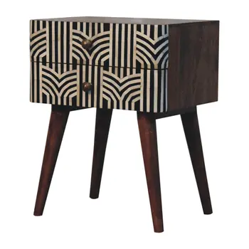 23" Black White And Brown Solid Wood Geometric Bone Inlay Two Drawer Nightstand