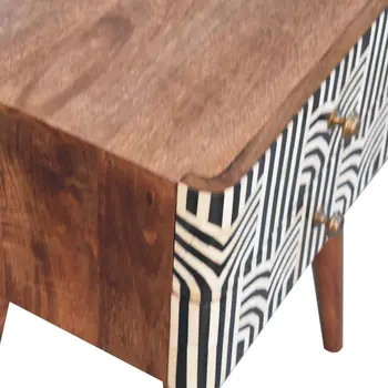 23" Black White And Brown Solid Wood Geometric Bone Inlay Two Drawer Nightstand