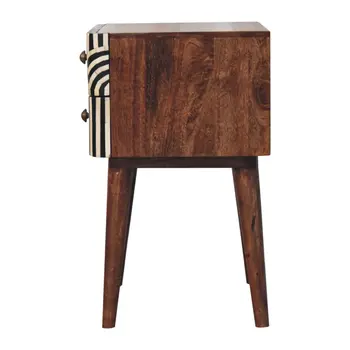 23" Black White And Brown Solid Wood Geometric Bone Inlay Two Drawer Nightstand