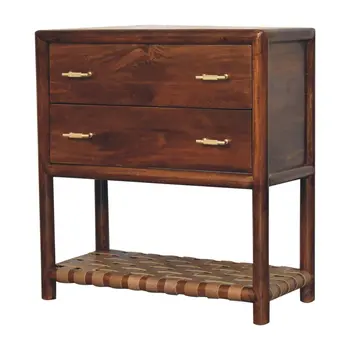32" Brown Solid Wood Two Drawer Nightstand With Leather Shelf