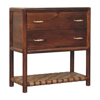 32" Brown Solid Wood Two Drawer Nightstand With Leather Shelf
