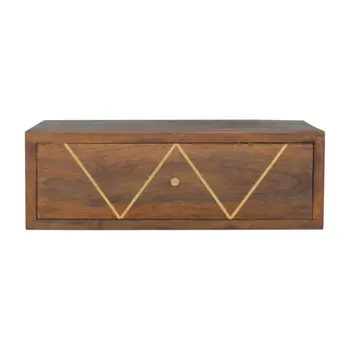 18" Brown Solid Wood Geometric Brass Inlay One Drawer Floating Nightstand